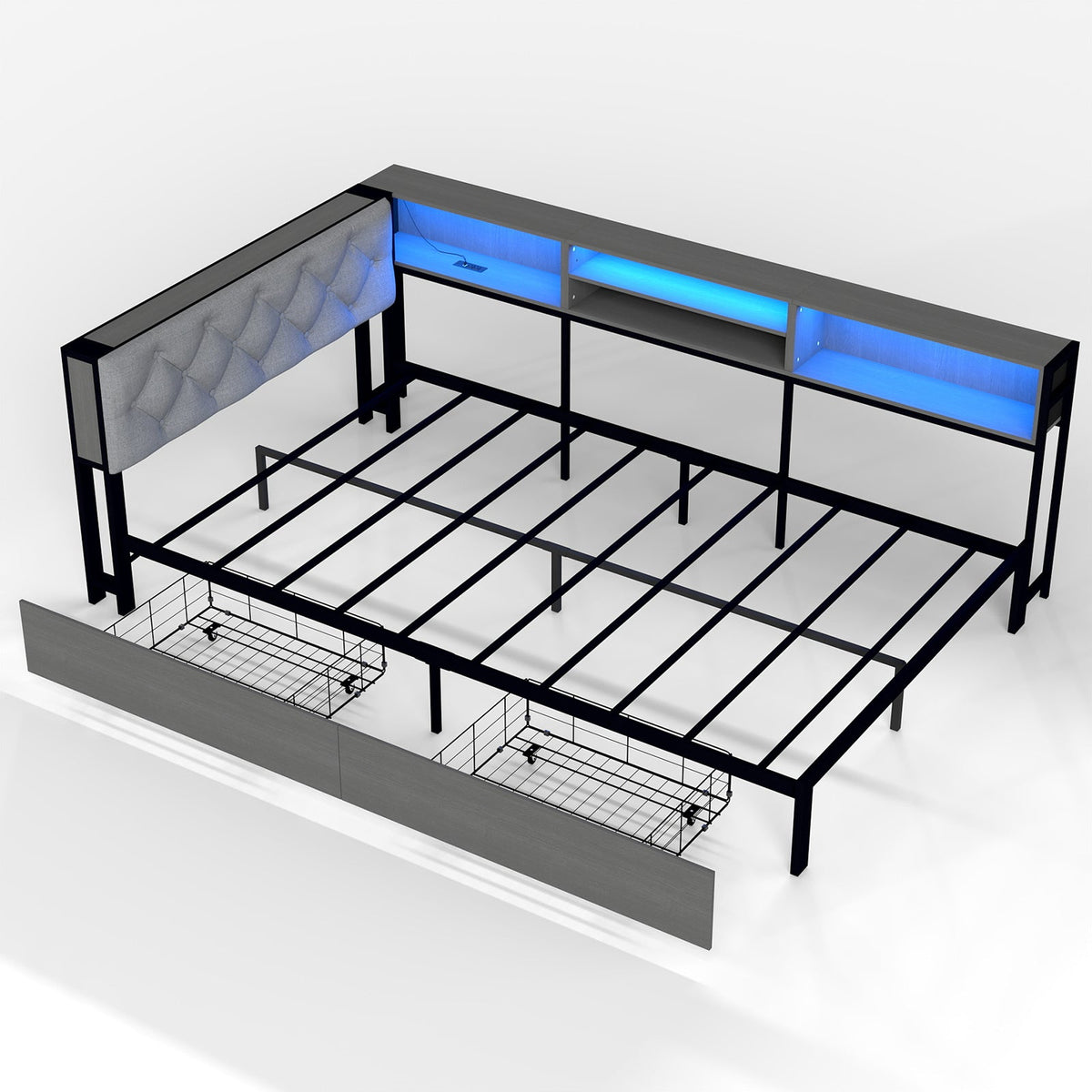 Corner Daybed with Upholstered Headboard, Bookcase, Two Drawers, RGB LED Lights and Charging Station - Sonkuki