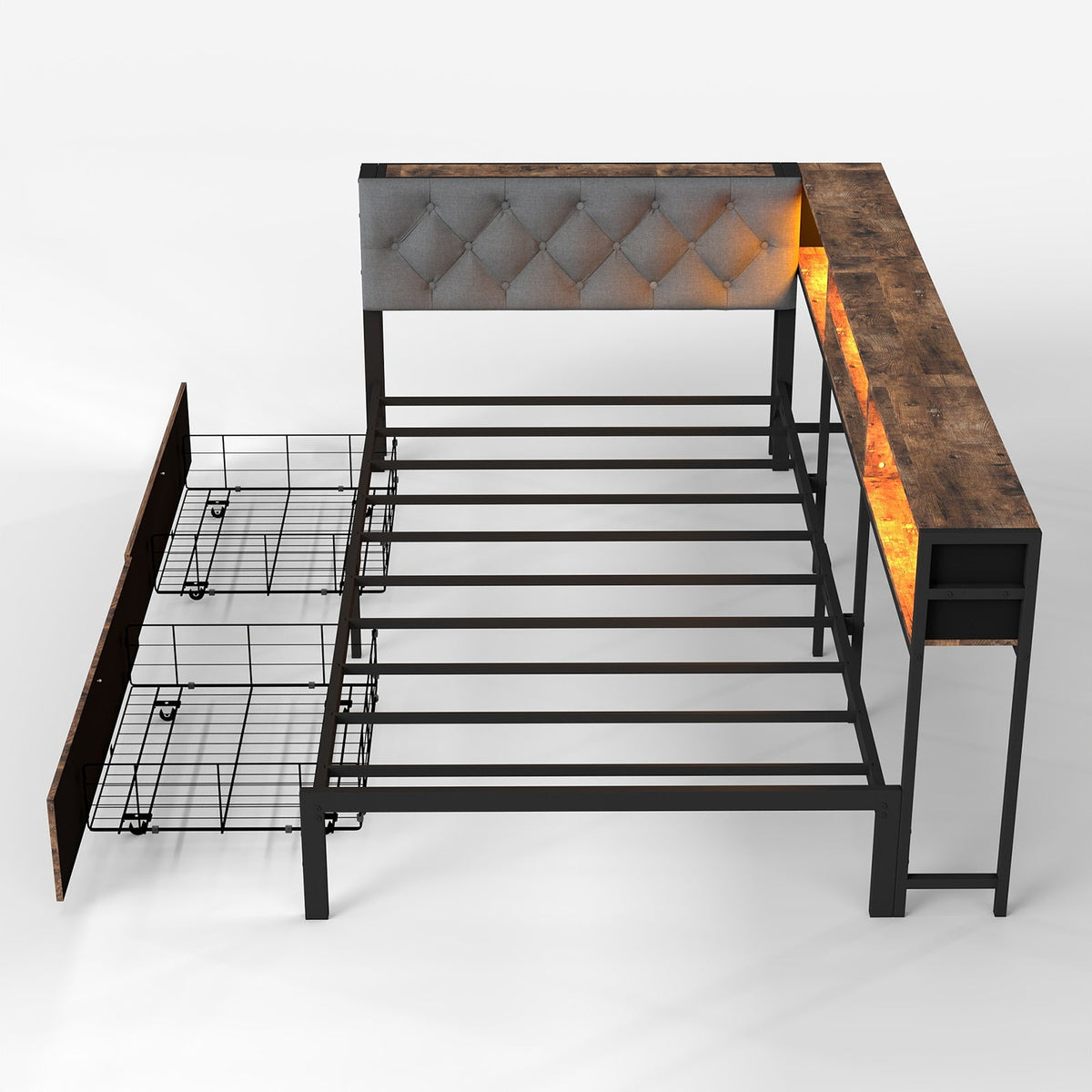 Corner Daybed with Upholstered Headboard, Bookcase, Two Drawers, RGB LED Lights and Charging Station - Sonkuki