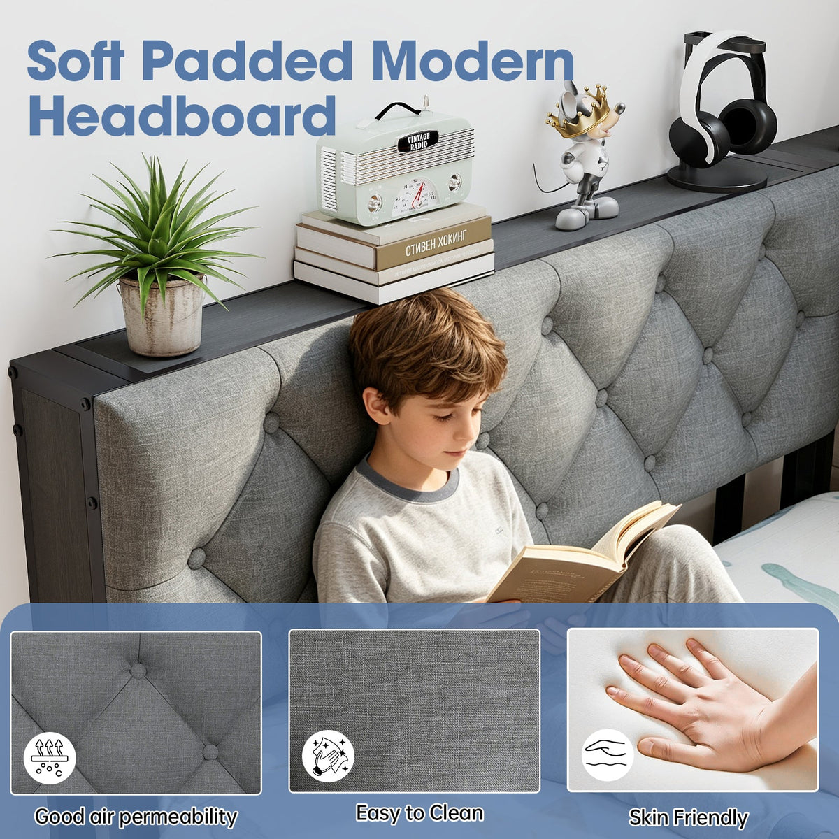 Corner Daybed with Upholstered Headboard, Bookcase, Two Drawers, RGB LED Lights and Charging Station - Sonkuki