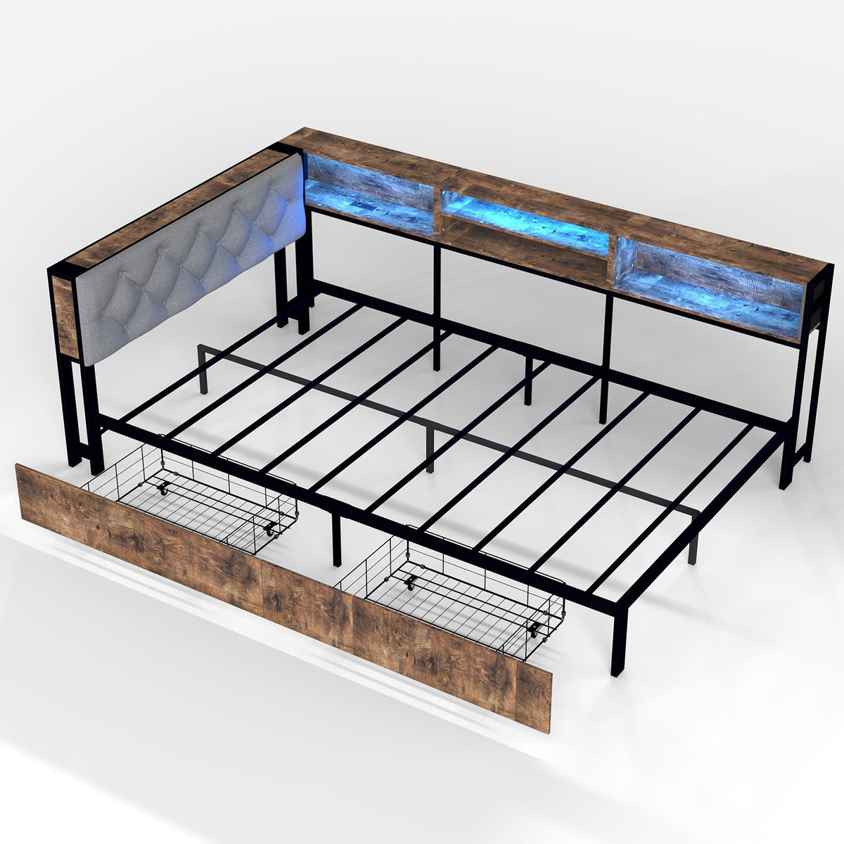 Corner Daybed with Upholstered Headboard, Bookcase, Two Drawers, RGB LED Lights and Charging Station - Sonkuki