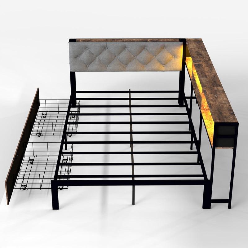 Corner Daybed with Upholstered Headboard, Bookcase, Two Drawers, RGB LED Lights and Charging Station - Sonkuki