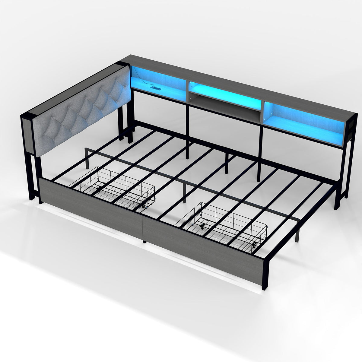 Corner Daybed with Upholstered Headboard, Bookcase, Two Drawers, RGB LED Lights and Charging Station - Sonkuki