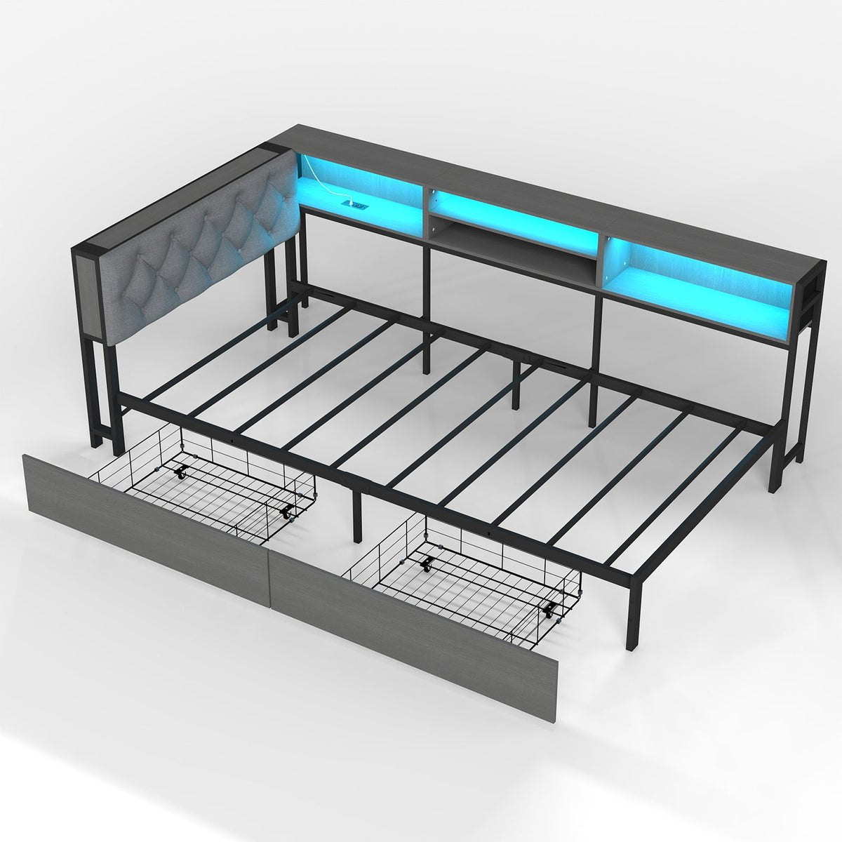 Corner Daybed with Upholstered Headboard, Bookcase, Two Drawers, RGB LED Lights and Charging Station - Sonkuki
