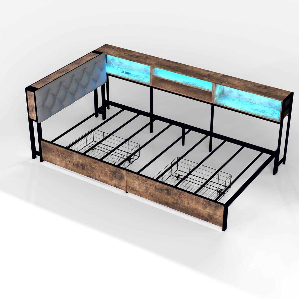 Corner Daybed with Upholstered Headboard, Bookcase, Two Drawers, RGB LED Lights and Charging Station - Sonkuki