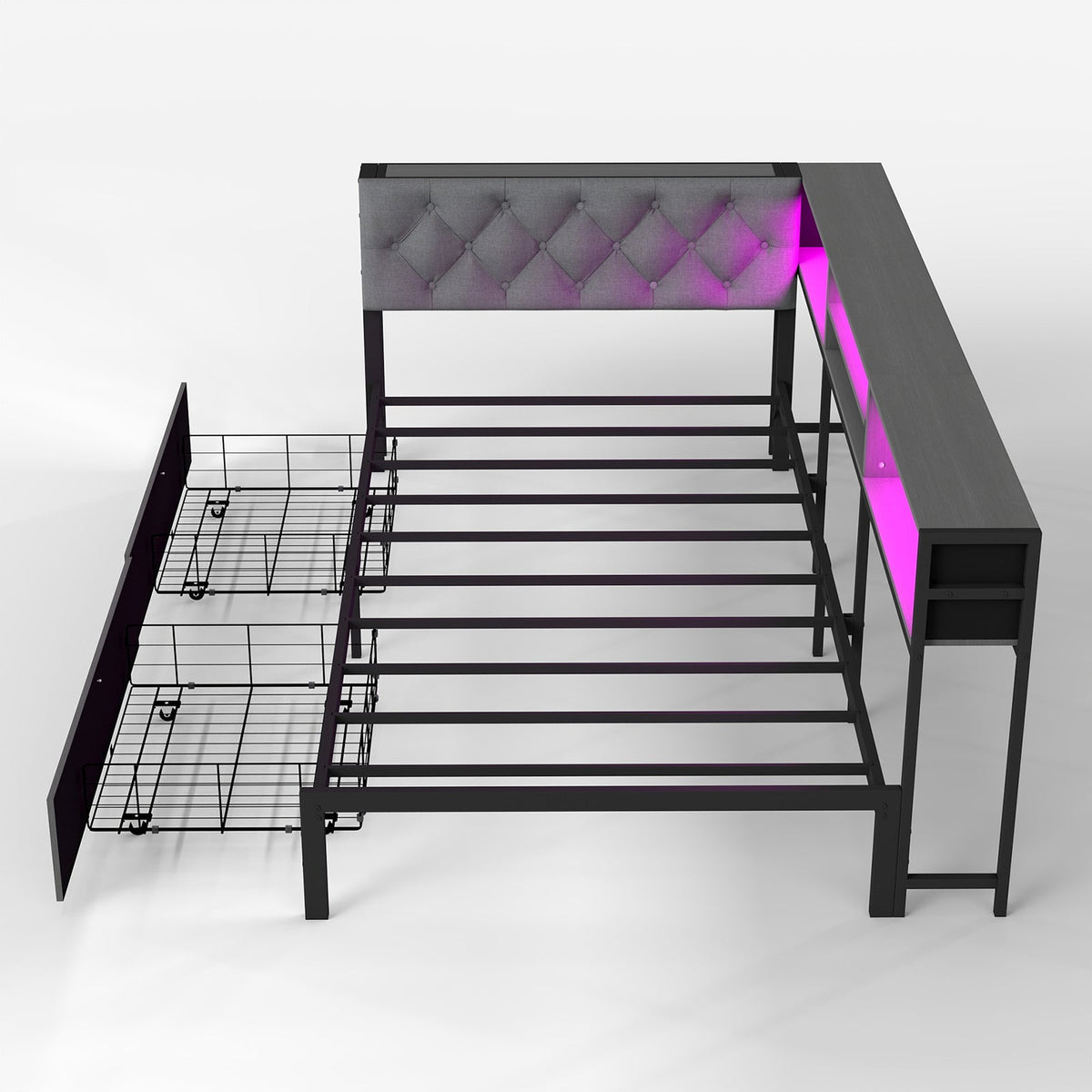 Corner Daybed with Upholstered Headboard, Bookcase, Two Drawers, RGB LED Lights and Charging Station - Sonkuki