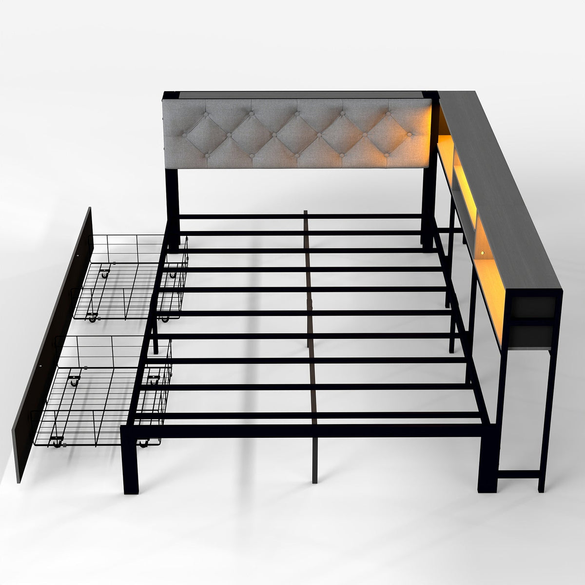 Corner Daybed with Upholstered Headboard, Bookcase, Two Drawers, RGB LED Lights and Charging Station - Sonkuki