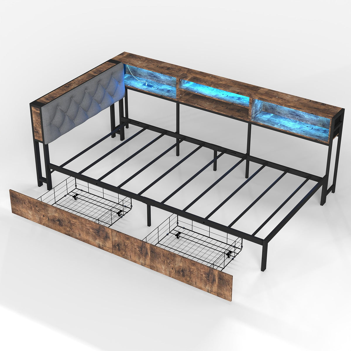 Corner Daybed with Upholstered Headboard, Bookcase, Two Drawers, RGB LED Lights and Charging Station - Sonkuki