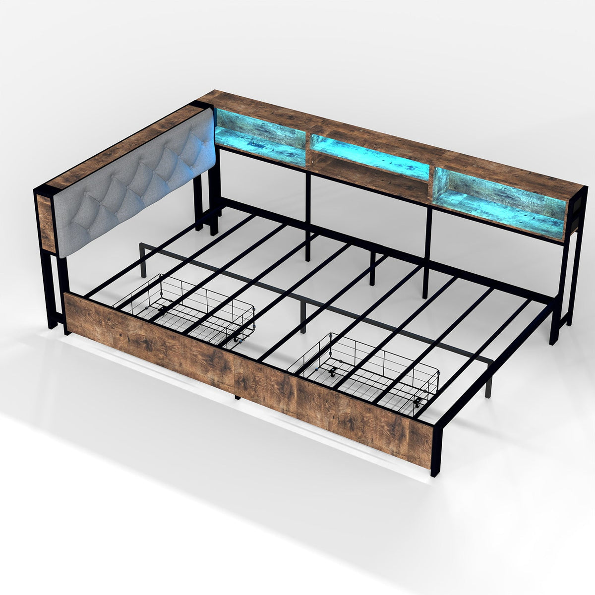 Corner Daybed with Upholstered Headboard, Bookcase, Two Drawers, RGB LED Lights and Charging Station - Sonkuki