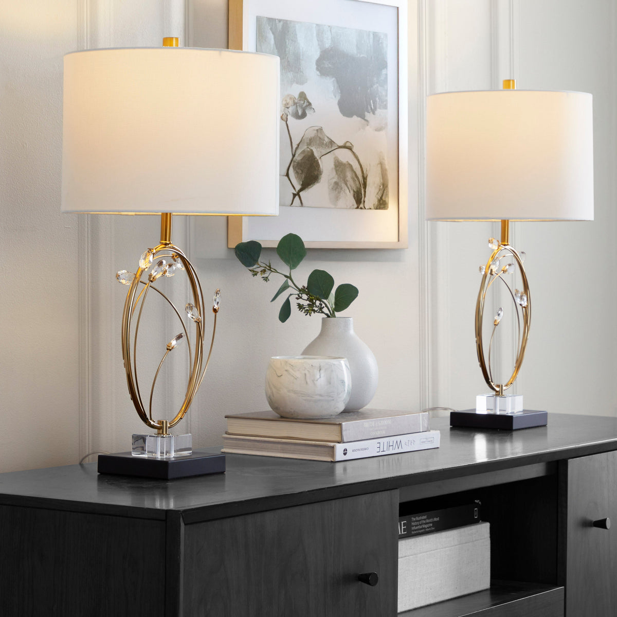 Crystal Buds 25" Contemporary/Glam Table Lamp in Black Metal Base with Glass Crystals and Gold Metal with Off-White Linen Shade by LumiSource - Set of 2 - Sonkuki