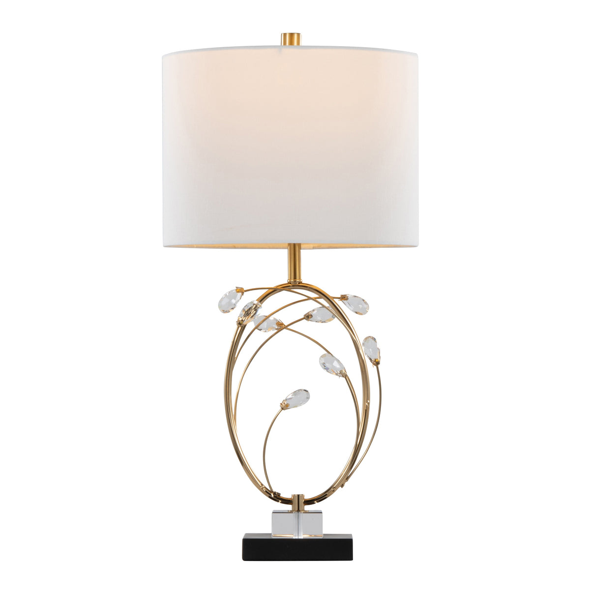 Crystal Buds 25" Contemporary/Glam Table Lamp in Black Metal Base with Glass Crystals and Gold Metal with Off-White Linen Shade by LumiSource - Set of 2 - Sonkuki