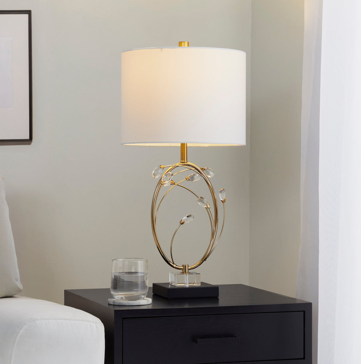 Crystal Buds 25" Contemporary/Glam Table Lamp in Black Metal Base with Glass Crystals and Gold Metal with Off-White Linen Shade by LumiSource - Set of 2 - Sonkuki