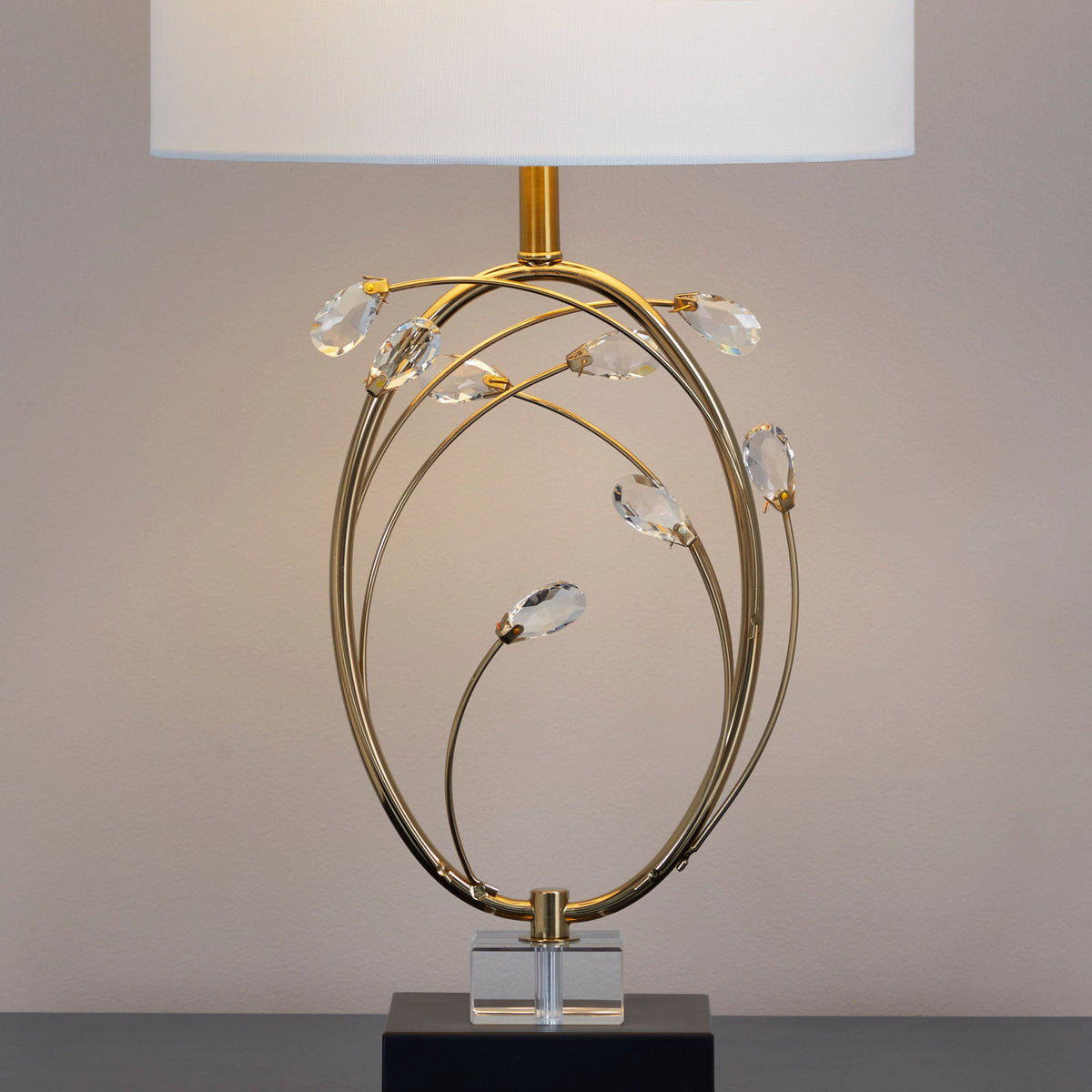 Crystal Buds 25" Contemporary/Glam Table Lamp in Black Metal Base with Glass Crystals and Gold Metal with Off-White Linen Shade by LumiSource - Set of 2 - Sonkuki
