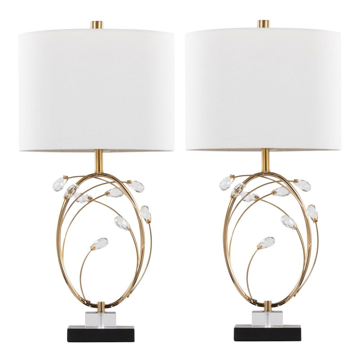 Crystal Buds 25" Contemporary/Glam Table Lamp in Black Metal Base with Glass Crystals and Gold Metal with Off-White Linen Shade by LumiSource - Set of 2 - Sonkuki