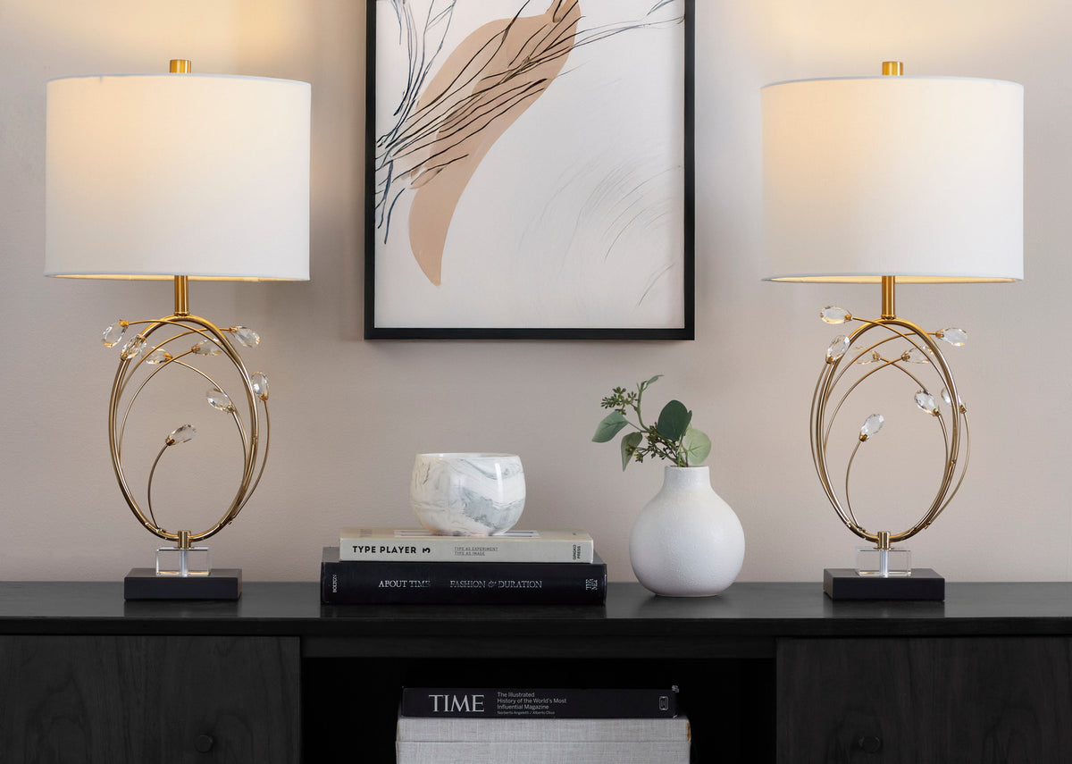 Crystal Buds 25" Contemporary/Glam Table Lamp in Black Metal Base with Glass Crystals and Gold Metal with Off-White Linen Shade by LumiSource - Set of 2 - Sonkuki
