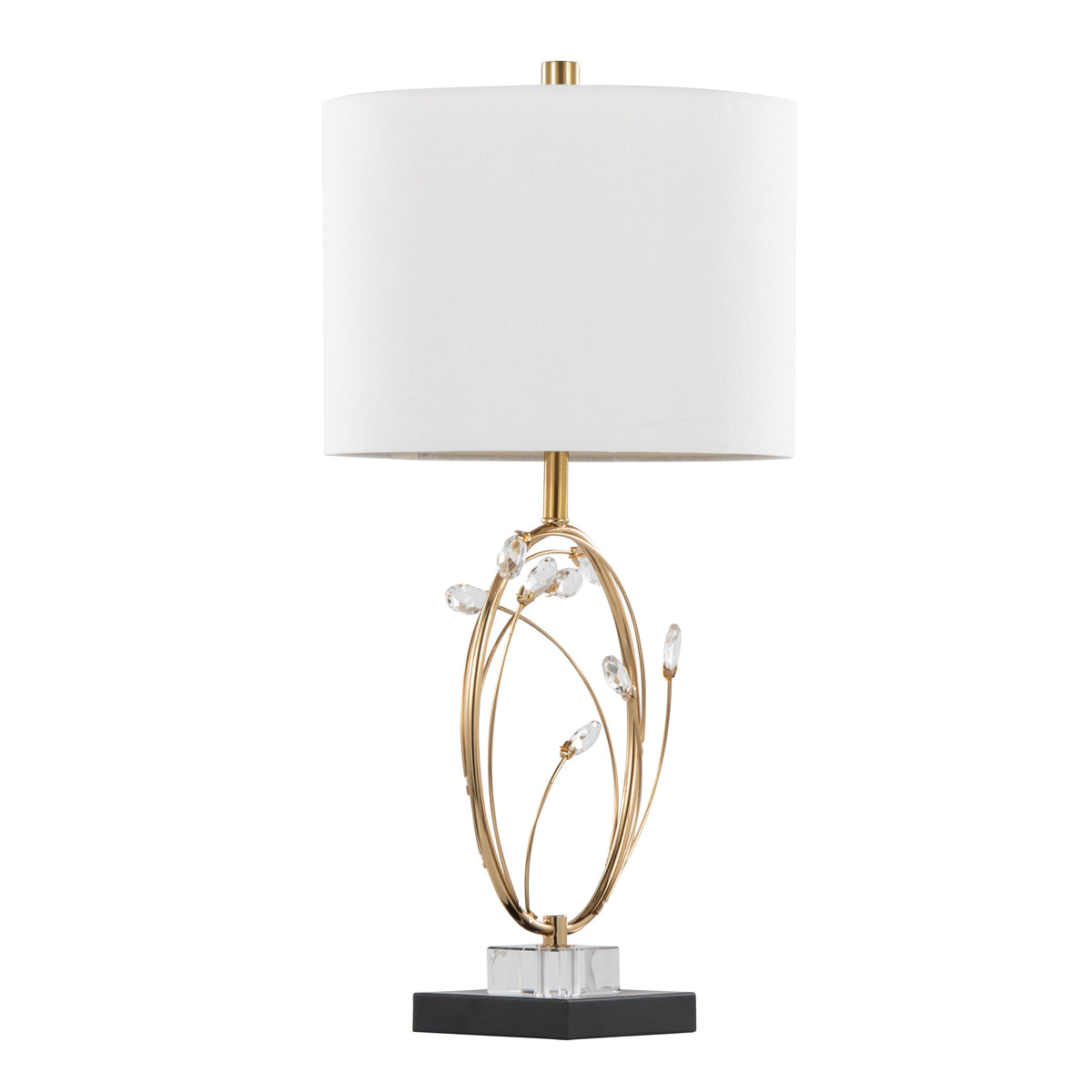 Crystal Buds 25" Contemporary/Glam Table Lamp in Black Metal Base with Glass Crystals and Gold Metal with Off-White Linen Shade by LumiSource - Set of 2 - Sonkuki
