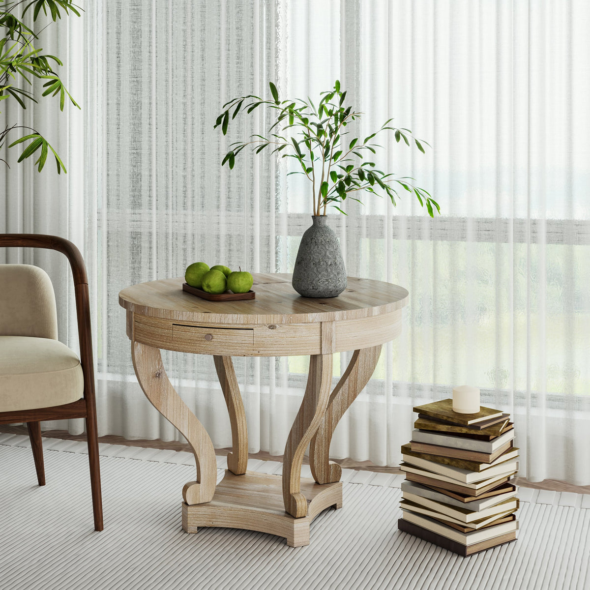 Curved Legs Farmhouse Style Small Size Round Dining Table End Table Side Table Coffee Table - Sonkuki