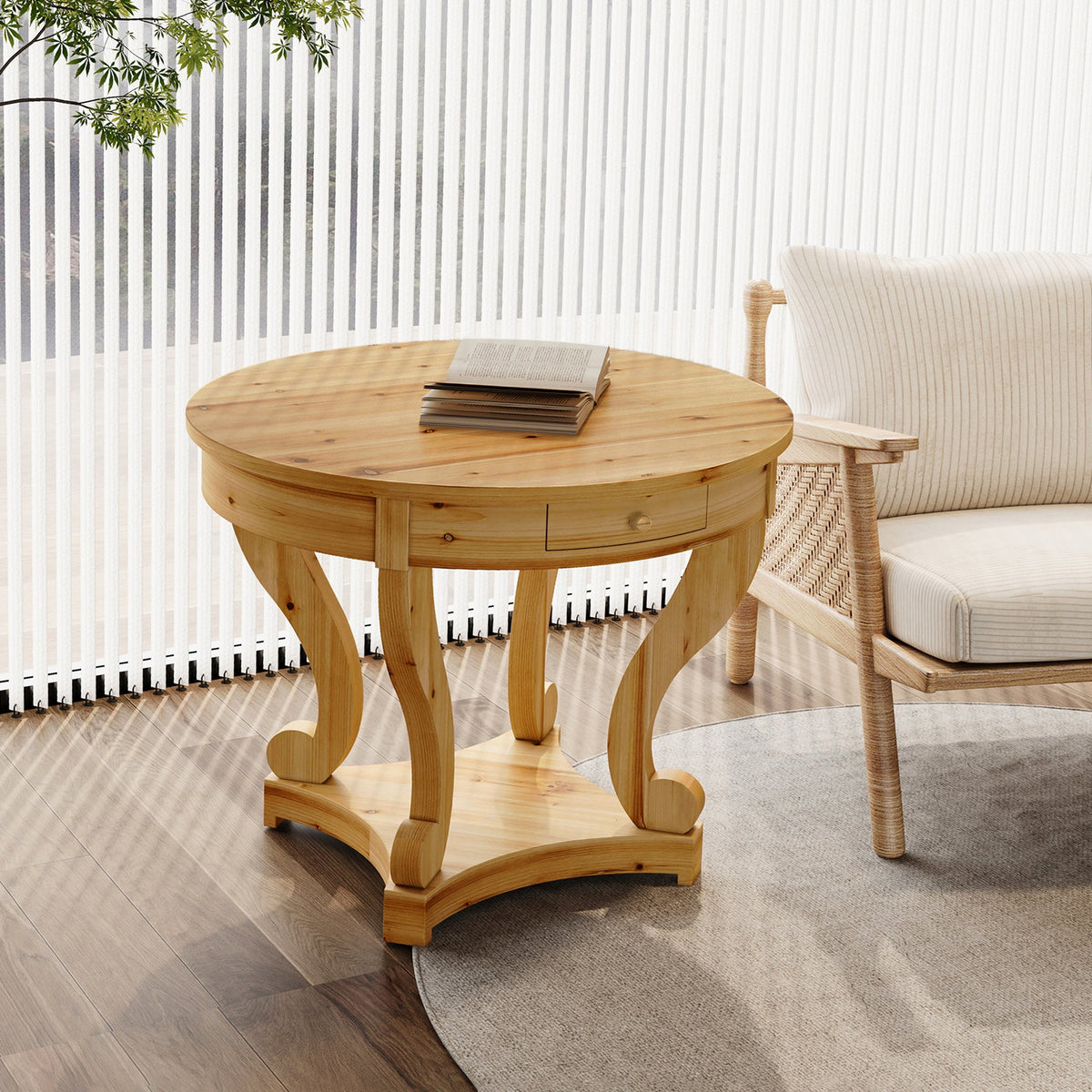 Curved Legs Farmhouse Style Small Size Round Dining Table End Table Side Table Coffee Table - Sonkuki