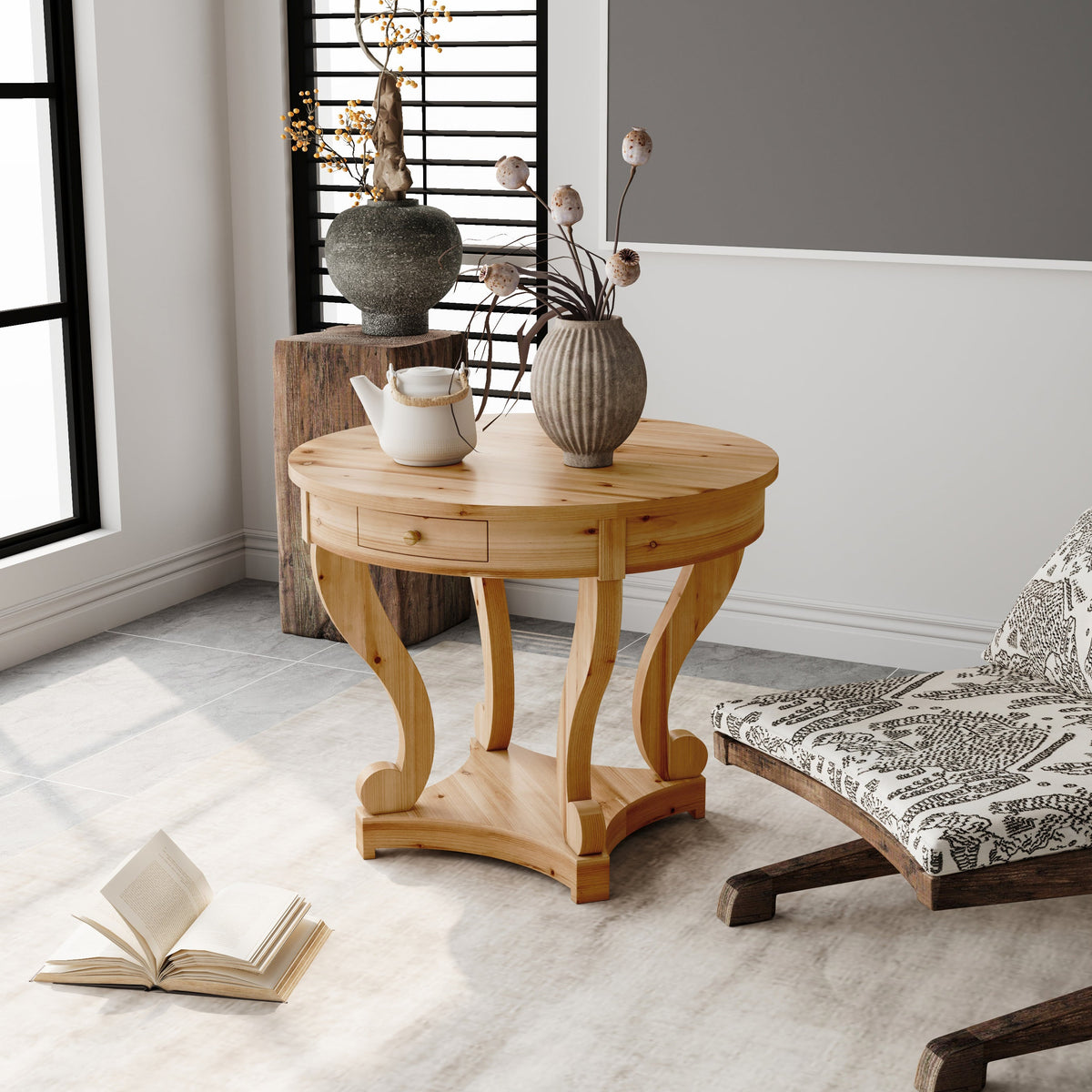 Curved Legs Farmhouse Style Small Size Round Dining Table End Table Side Table Coffee Table - Sonkuki