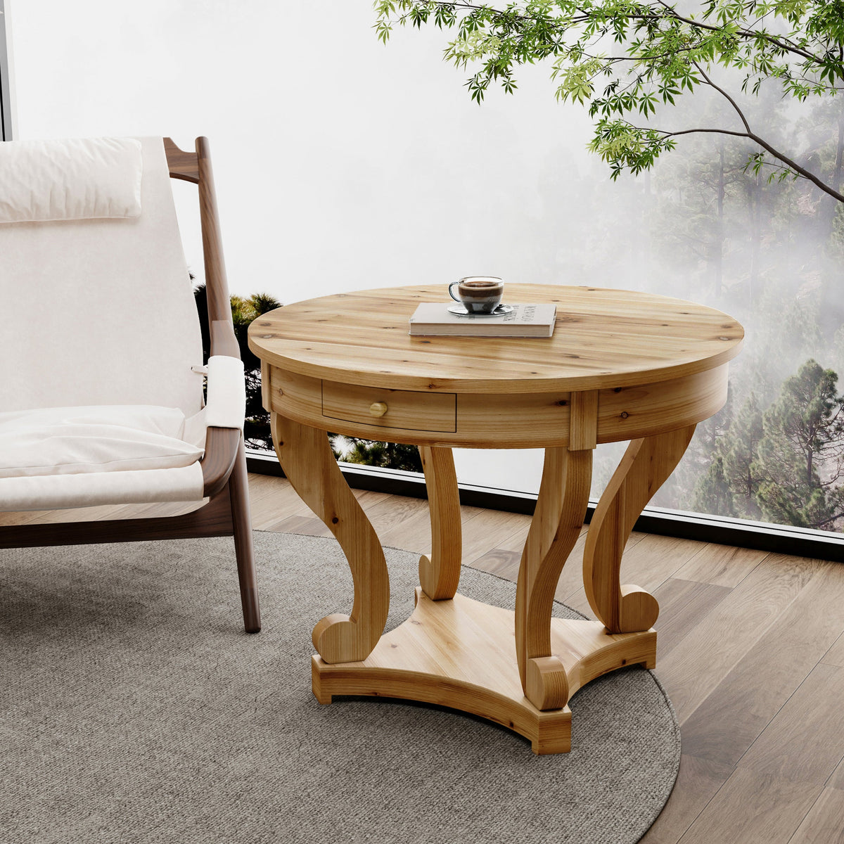 Curved Legs Farmhouse Style Small Size Round Dining Table End Table Side Table Coffee Table - Sonkuki