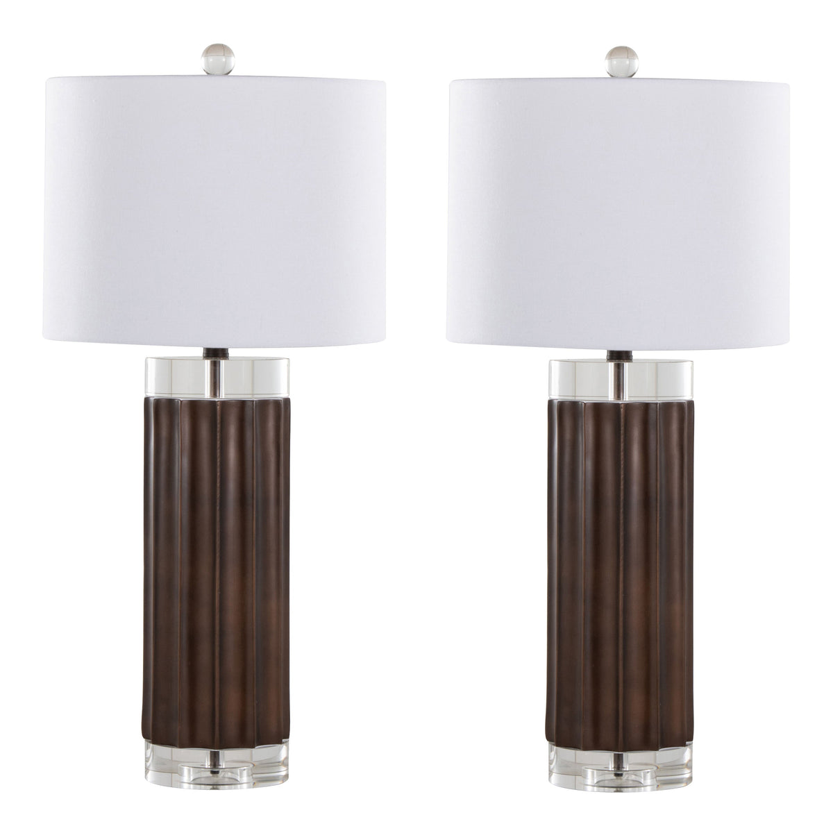 Cylinder Fluted 29.25" Contemporary Polyresin Table Lamp in Brown Lustre Polyresin, Clear K9 Crystal and White Linen Shade from Grandview Gallery by LumiSource - Set of 2 - Sonkuki