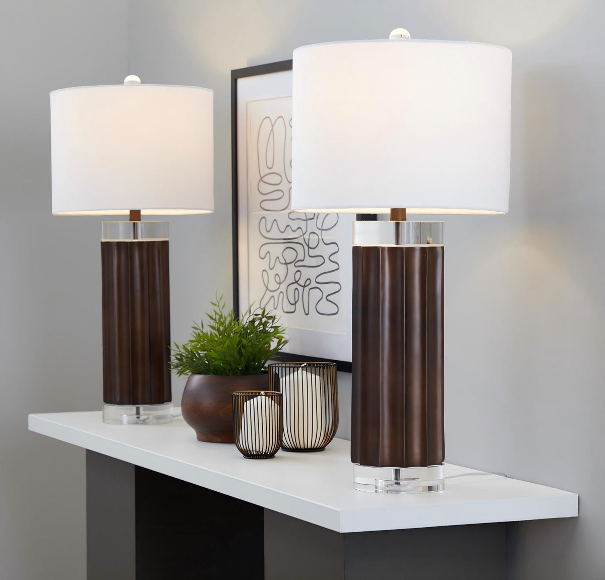 Cylinder Fluted 29.25" Contemporary Polyresin Table Lamp in Brown Lustre Polyresin, Clear K9 Crystal and White Linen Shade from Grandview Gallery by LumiSource - Set of 2 - Sonkuki