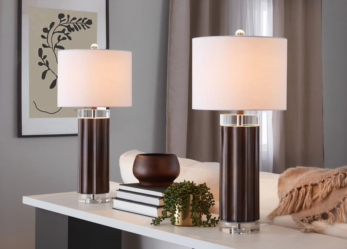 Cylinder Fluted 29.25" Contemporary Polyresin Table Lamp in Brown Lustre Polyresin, Clear K9 Crystal and White Linen Shade from Grandview Gallery by LumiSource - Set of 2 - Sonkuki