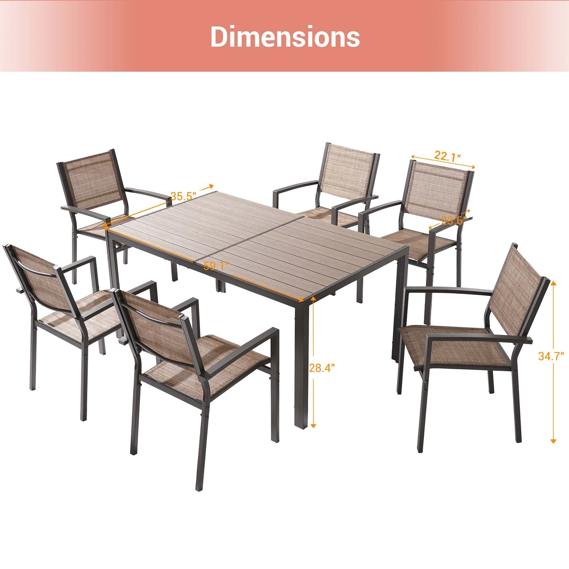 SONKUKI 7 Pieces Dining Table Set Outdoor Steel and Textilene Furniture Set, HIPS Material Tabletop for Balcony, Porch and Backyard.