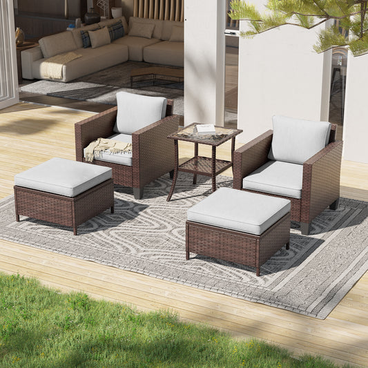 SONKUKI 5 Pieces Furniture Set with Glass Tabletop Side Table, All-Weather PE Rattan Wicker Chair Set Patio Conversation Couch with Cushion, XXX(颜色)