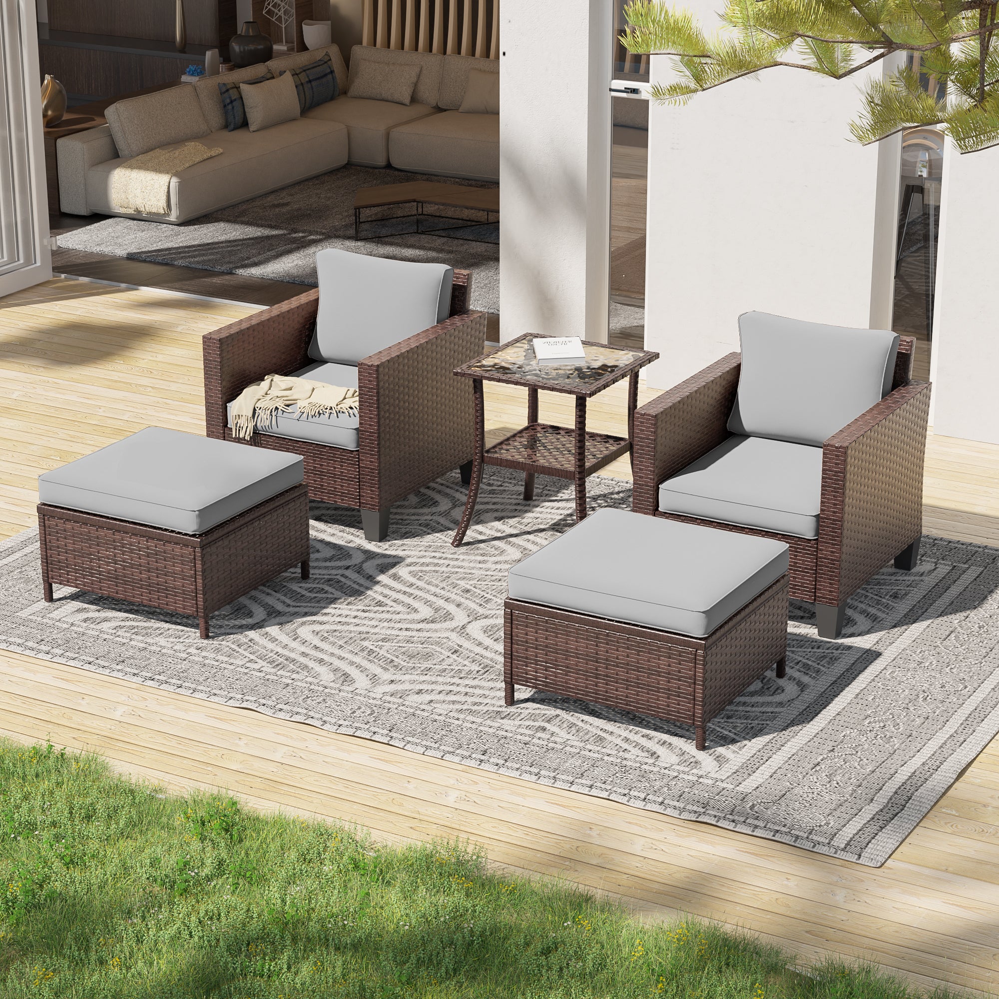 SONKUKI 5 Pieces Furniture Set with Glass Tabletop Side Table, All-Weather PE Rattan Wicker Chair Set Patio Conversation Couch with Cushion