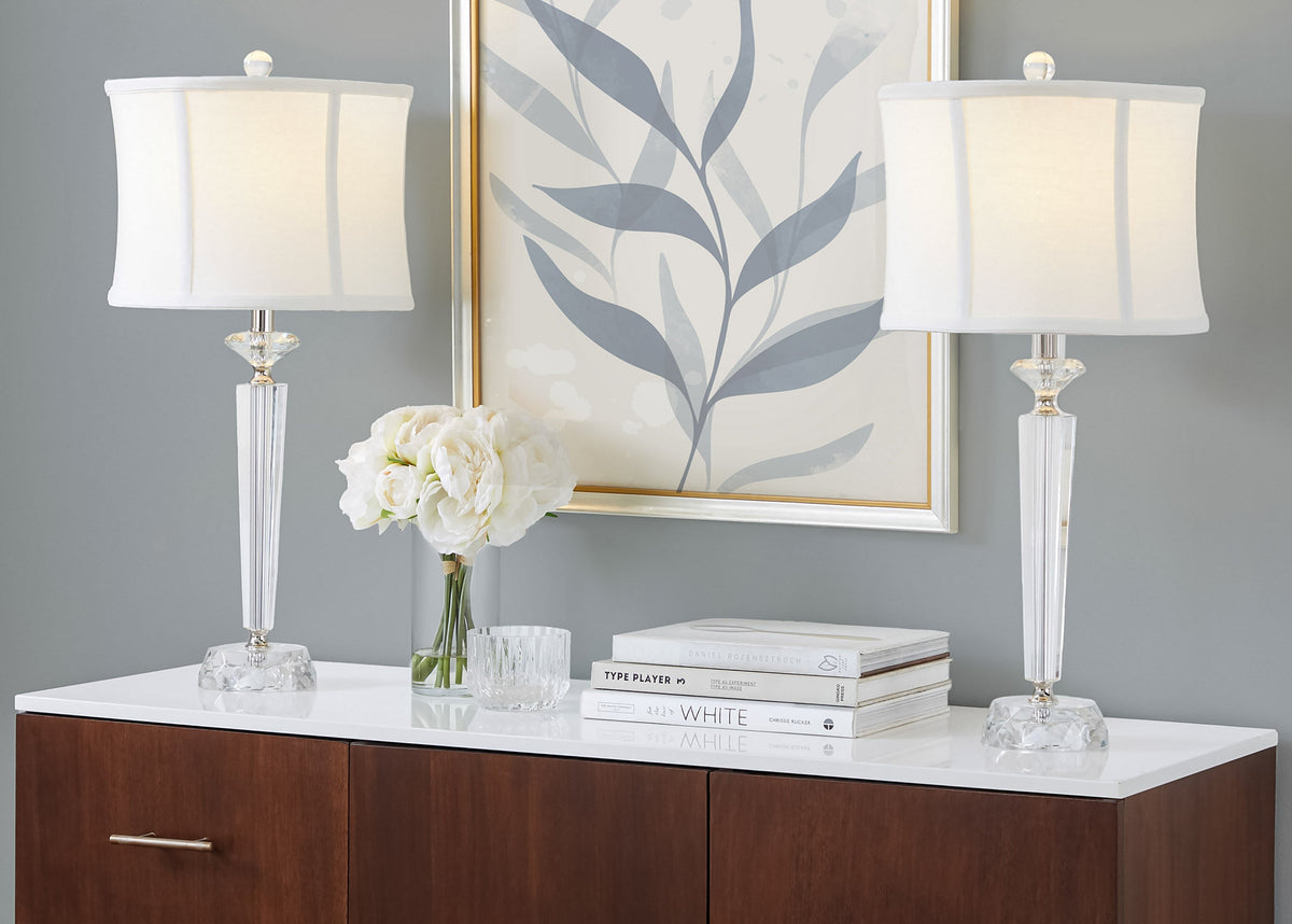 Diamond Torch 25" Contemporary Crystal Table Lamp in Clear K9 Crystal with Off-White Linen Shade and Polished Nickel Accents from Grandview Gallery by LumiSource - Set of 2 - Sonkuki
