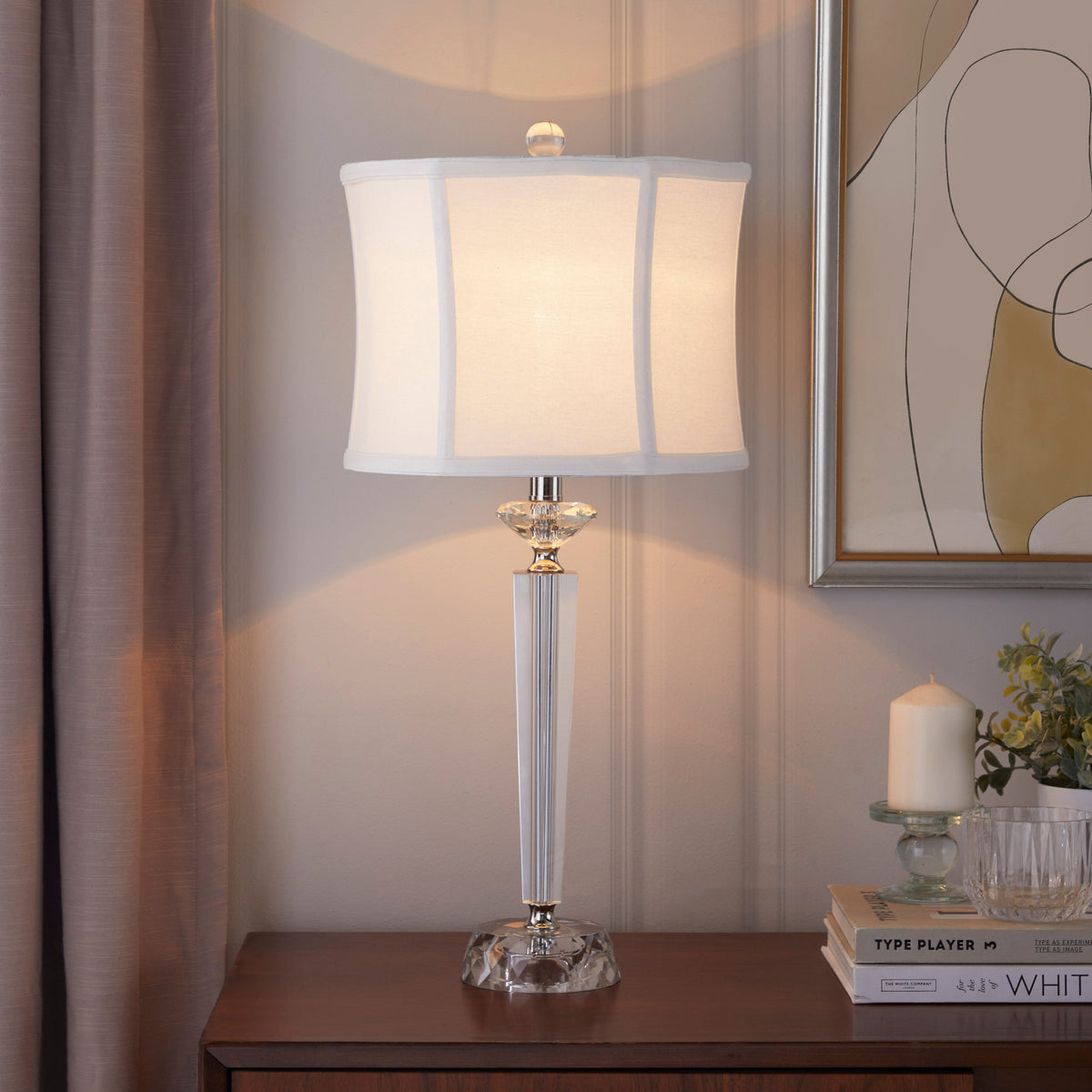 Diamond Torch 25" Contemporary Crystal Table Lamp in Clear K9 Crystal with Off-White Linen Shade and Polished Nickel Accents from Grandview Gallery by LumiSource - Set of 2 - Sonkuki