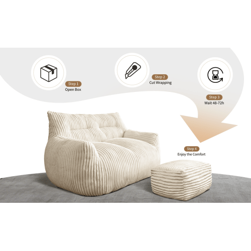 Double sofa with Footrest, Cloud-Love Oversized 2-Seater Fluffy Bean Bag Chair for Living Room & Bedroom - Sonkuki