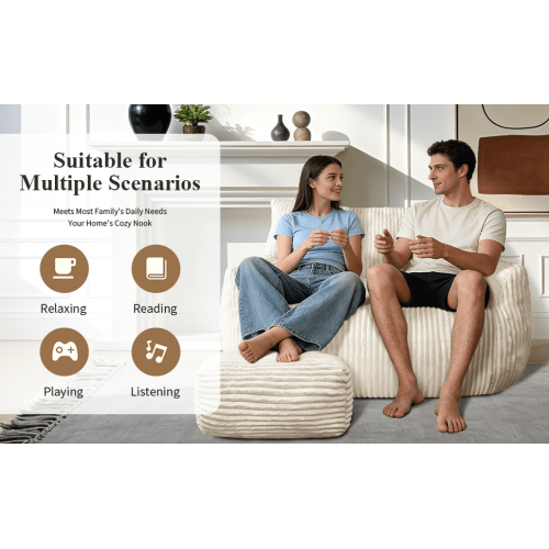 Double sofa with Footrest, Cloud-Love Oversized 2-Seater Fluffy Bean Bag Chair for Living Room & Bedroom - Sonkuki