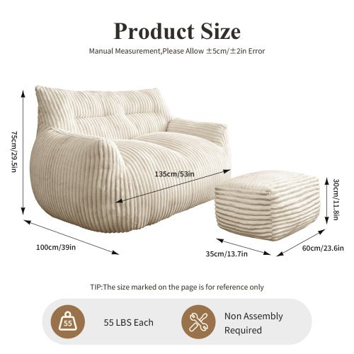 Double sofa with Footrest, Cloud-Love Oversized 2-Seater Fluffy Bean Bag Chair for Living Room & Bedroom - Sonkuki