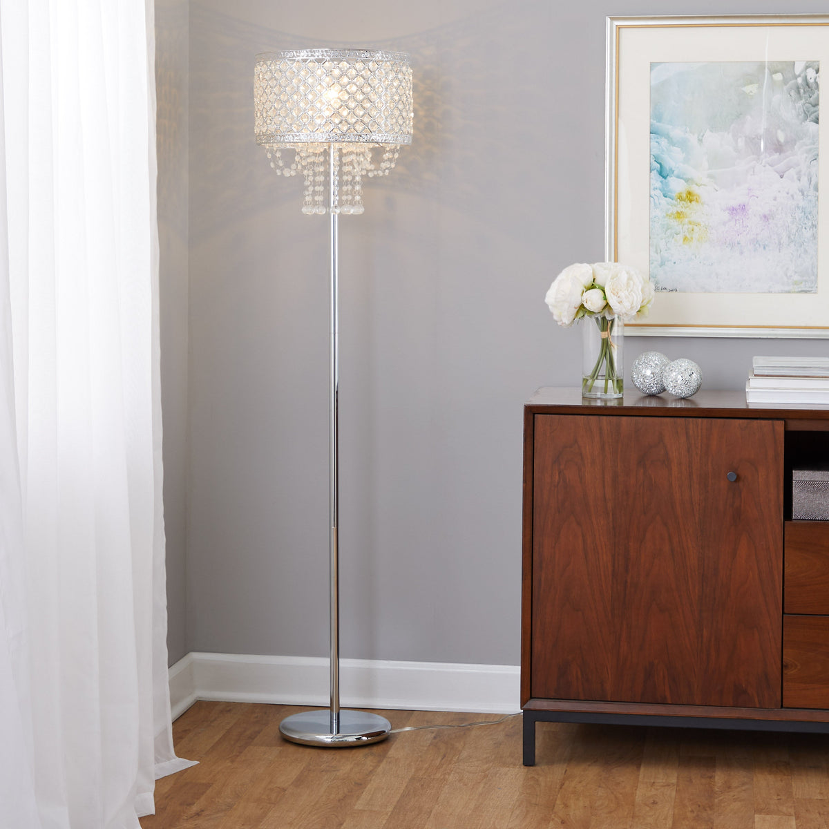 Droplets Sleek 60" Contemporary Metal Floor Lamp in Chrome Metal and Clear Crystal Accents from Grandview Gallery by LumiSource - Sonkuki