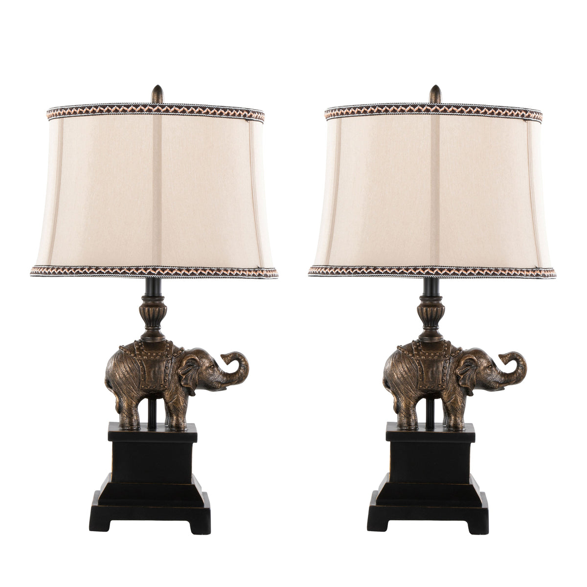 Elephant 27" Polyresin Table Lamp in Bronze Polyresin with Natural Linen Soft Back Shade by LumiSource - Set of 2 - Sonkuki