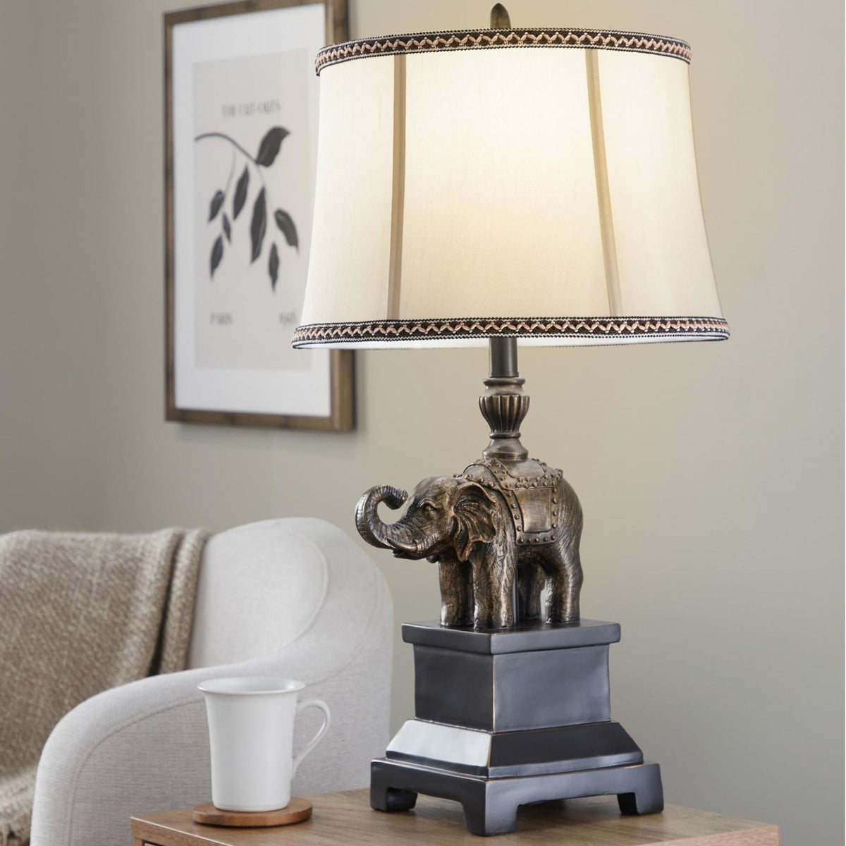 Elephant 27" Polyresin Table Lamp in Bronze Polyresin with Natural Linen Soft Back Shade by LumiSource - Set of 2 - Sonkuki