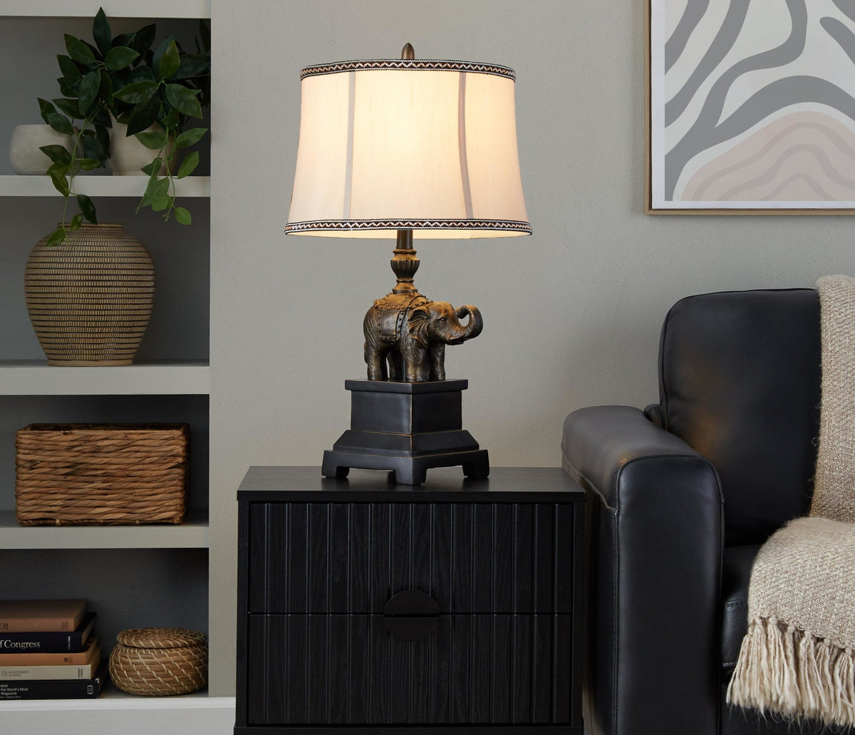 Elephant 27" Polyresin Table Lamp in Bronze Polyresin with Natural Linen Soft Back Shade by LumiSource - Set of 2 - Sonkuki