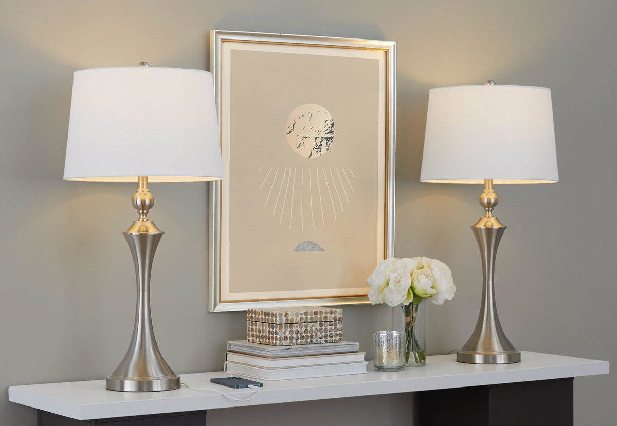 Flint 30" Contemporary Metal Table Lamp in Brushed Nickel with White Textured Slub Linen Shade and Built-In USB Port from Grandview Gallery by LumiSource - Set of 2 - Sonkuki