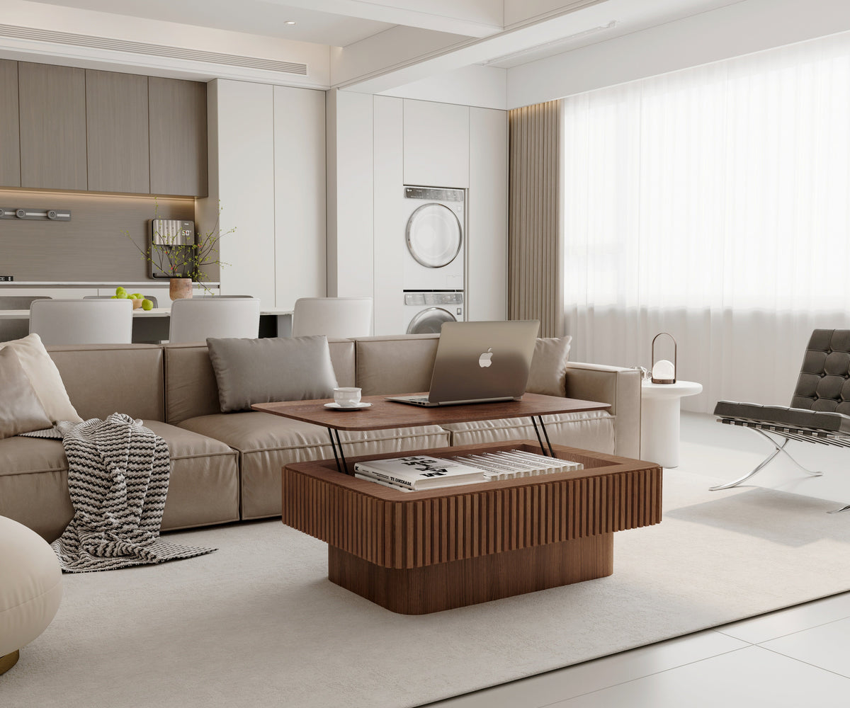 Fluted Lift-top Coffee Table Solid Wood Veneered Modern Coffee Table Accent Tea Table with Storage and Adjustable Height for Living Room, Bedroom, Apartment or Office - Sonkuki