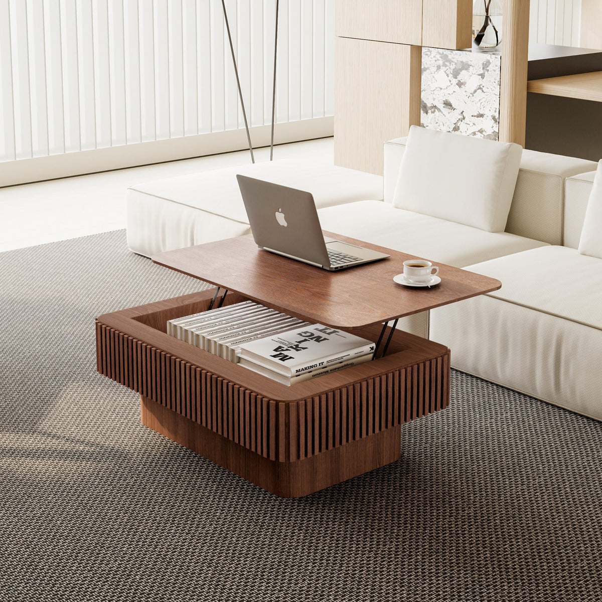 Fluted Lift-top Coffee Table Solid Wood Veneered Modern Coffee Table Accent Tea Table with Storage and Adjustable Height for Living Room, Bedroom, Apartment or Office - Sonkuki