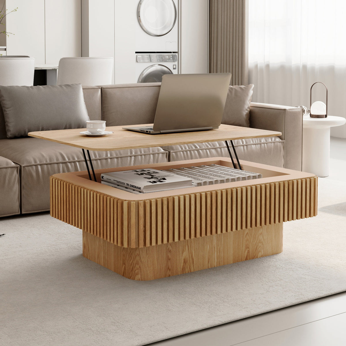 Fluted Lift-top Coffee Table Solid Wood Veneered Modern Coffee Table Accent Tea Table with Storage and Adjustable Height for Living Room, Bedroom, Apartment or Office - Sonkuki