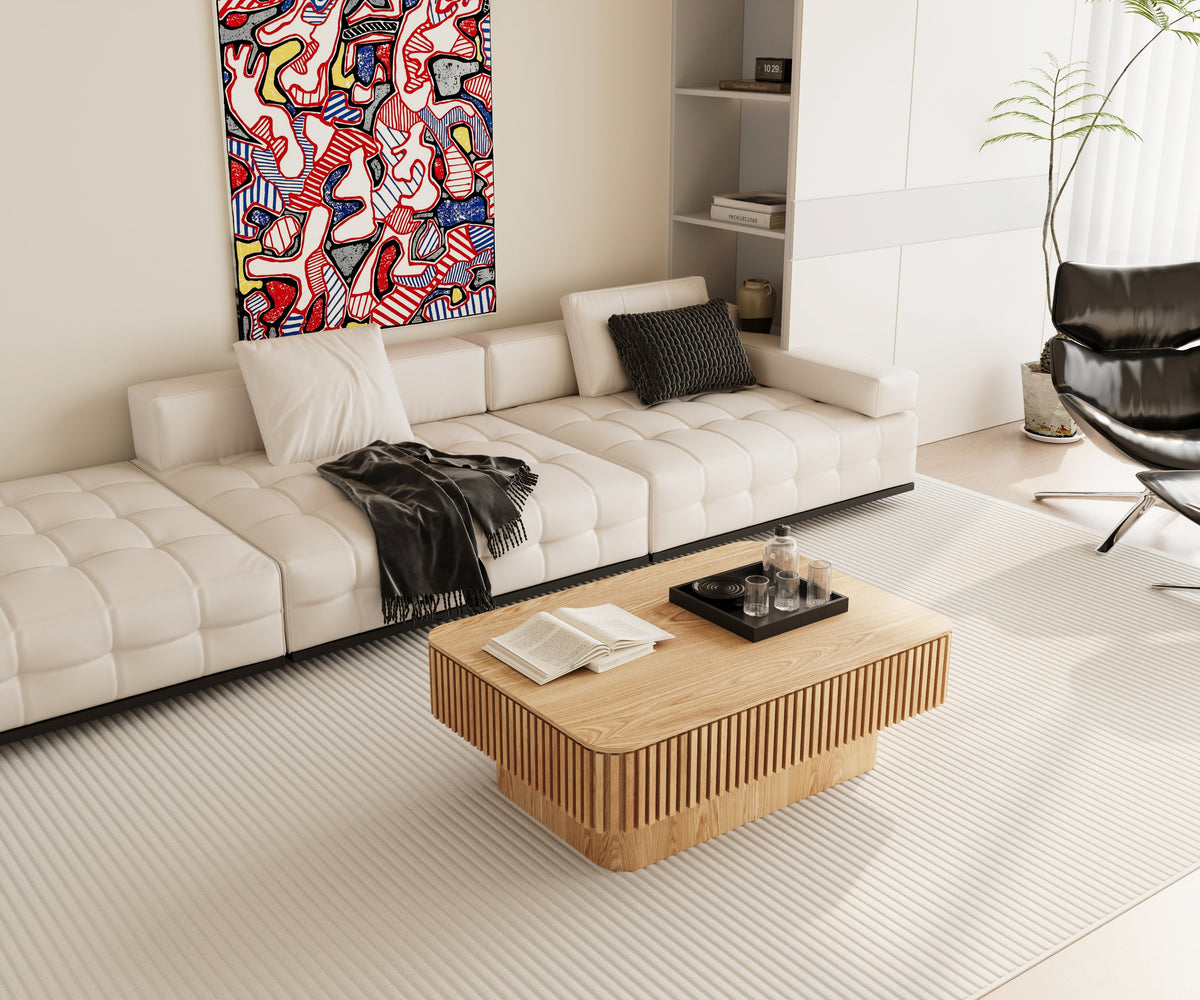 Fluted Lift-top Coffee Table Solid Wood Veneered Modern Coffee Table Accent Tea Table with Storage and Adjustable Height for Living Room, Bedroom, Apartment or Office - Sonkuki