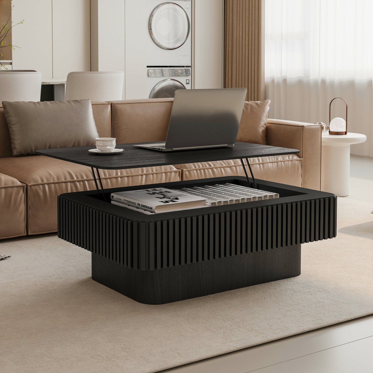 Fluted Lift-top Coffee Table Solid Wood Veneered Modern Coffee Table Accent Tea Table with Storage and Adjustable Height for Living Room, Bedroom, Apartment or Office - Sonkuki