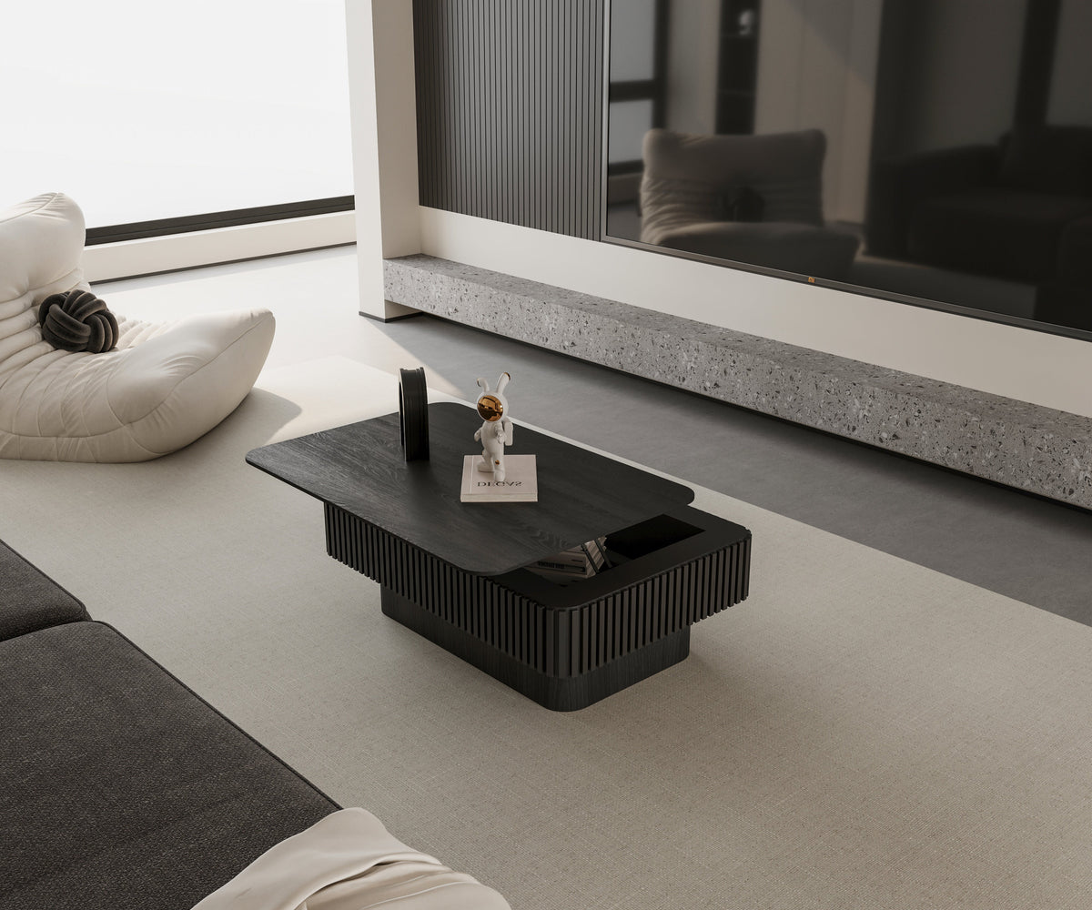 Fluted Lift-top Coffee Table Solid Wood Veneered Modern Coffee Table Accent Tea Table with Storage and Adjustable Height for Living Room, Bedroom, Apartment or Office - Sonkuki