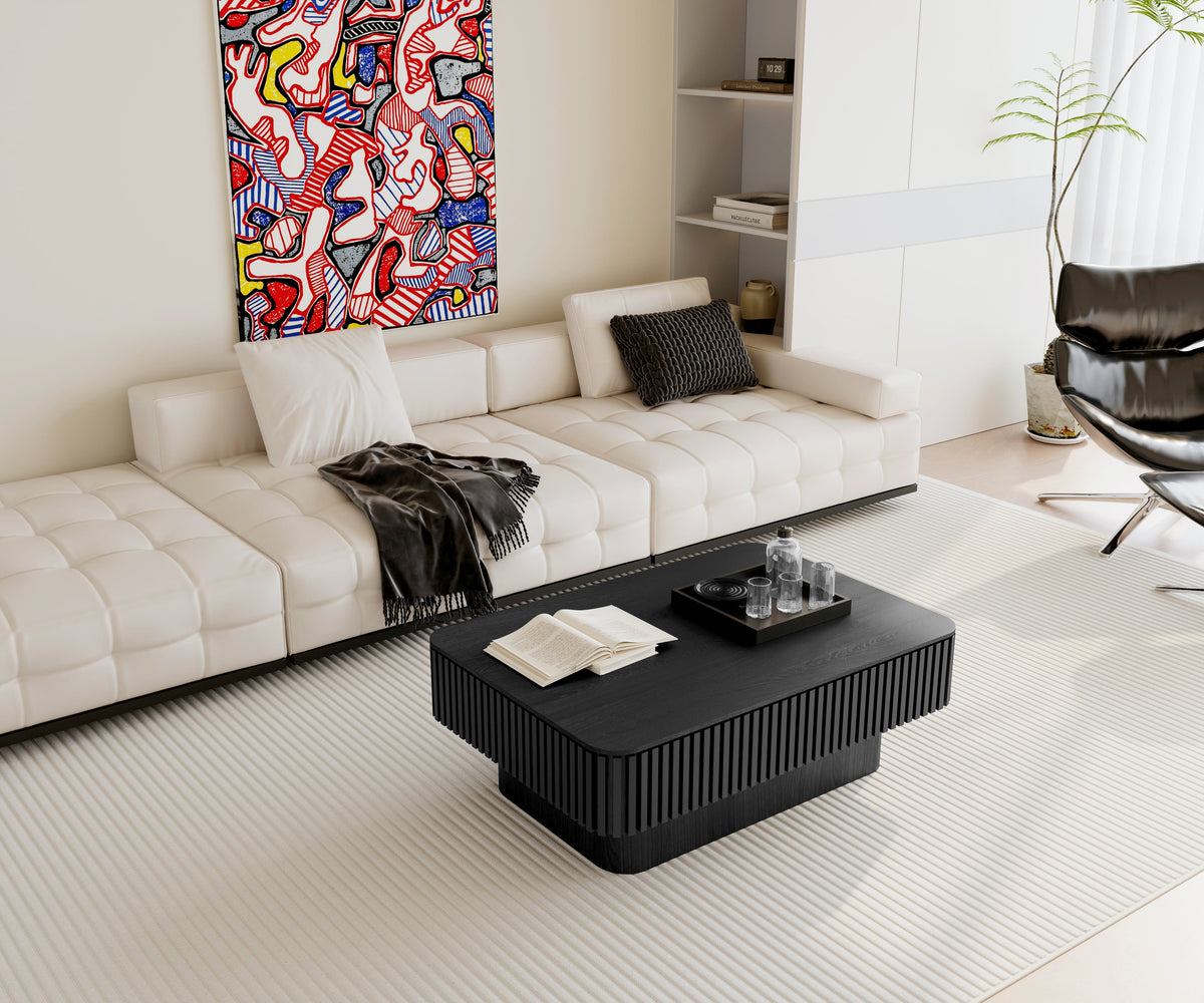 Fluted Lift-top Coffee Table Solid Wood Veneered Modern Coffee Table Accent Tea Table with Storage and Adjustable Height for Living Room, Bedroom, Apartment or Office - Sonkuki