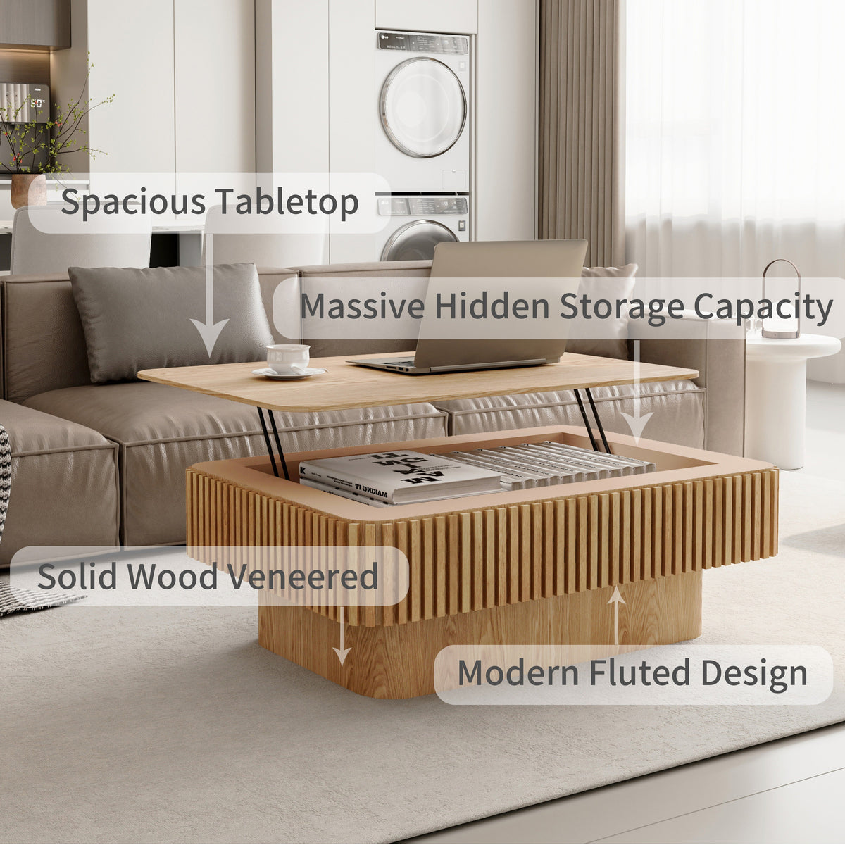 Fluted Lift-top Coffee Table Solid Wood Veneered Modern Coffee Table Accent Tea Table with Storage and Adjustable Height for Living Room, Bedroom, Apartment or Office - Sonkuki