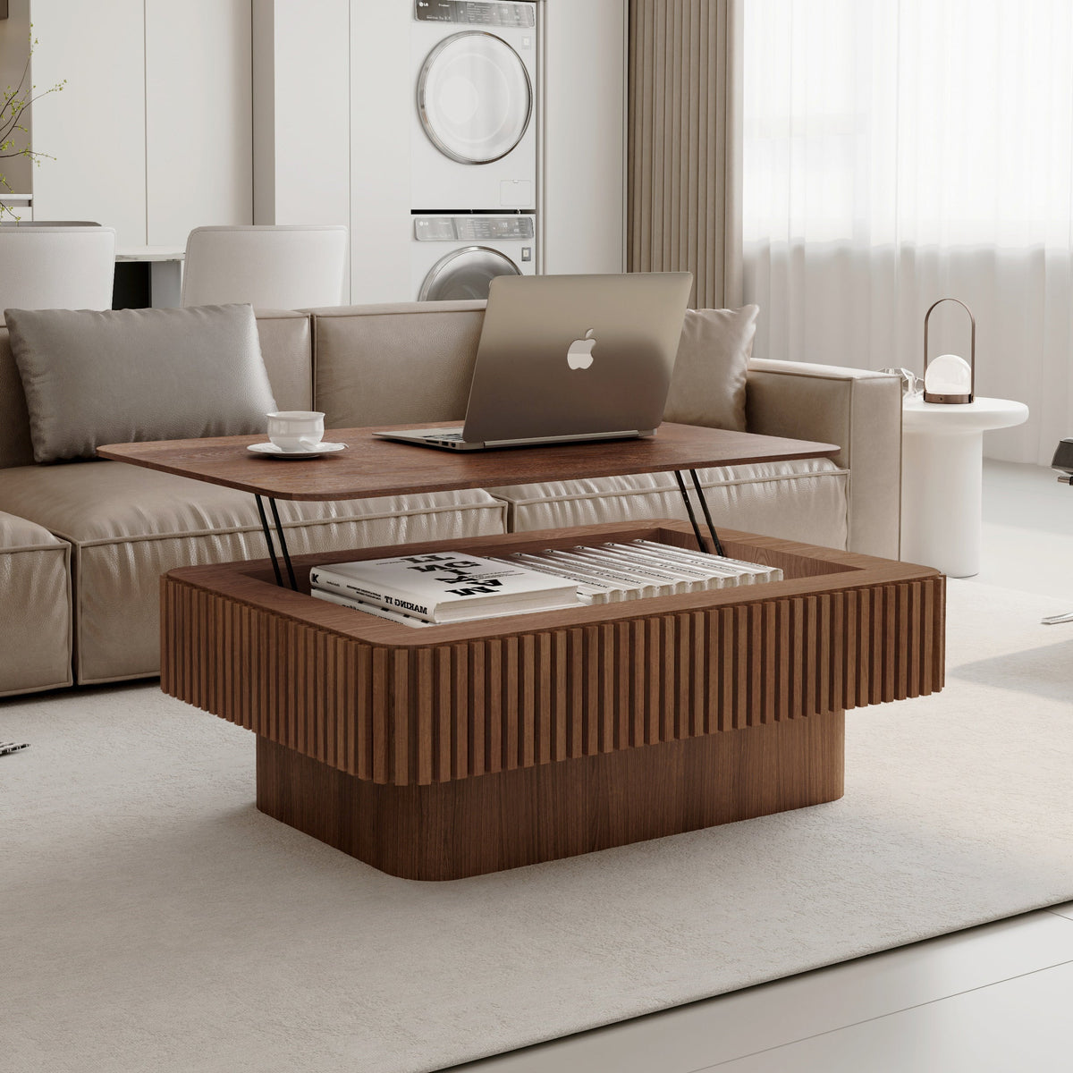 Fluted Lift-top Coffee Table Solid Wood Veneered Modern Coffee Table Accent Tea Table with Storage and Adjustable Height for Living Room, Bedroom, Apartment or Office - Sonkuki
