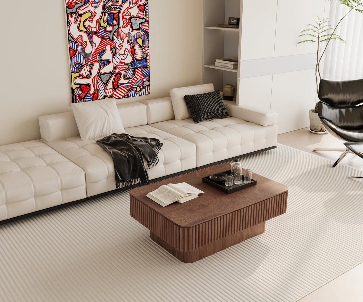 Fluted Lift-top Coffee Table Solid Wood Veneered Modern Coffee Table Accent Tea Table with Storage and Adjustable Height for Living Room, Bedroom, Apartment or Office - Sonkuki