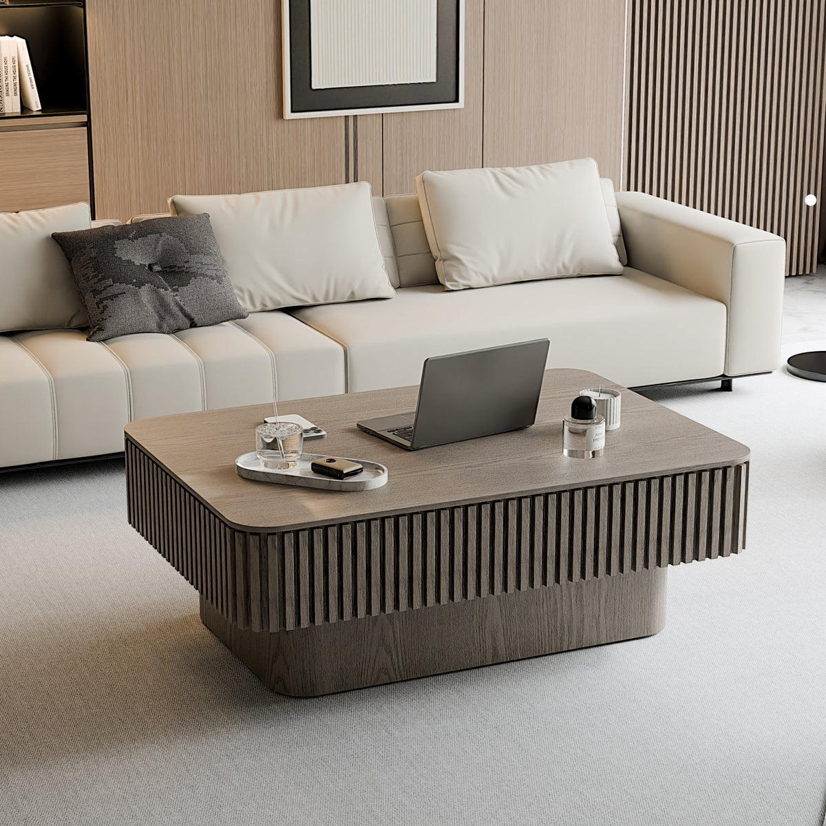 Fluted Lift-top Coffee Table Solid Wood Veneered Modern Coffee Table Accent Tea Table with Storage and Adjustable Height for Living Room, Bedroom, Apartment or Office - Sonkuki